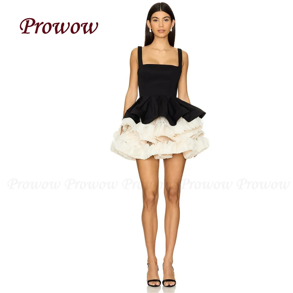 

Prowow Modern Contrast Color Short Prom Cocktail Dress Square Collar Puffy Mini Wedding Party Gown Zipper Sleeveless Customized