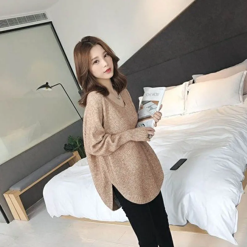 เสื้อสเวตเตอร์ผู้หญิงคอวีสีชมพูอ่อนหวานและอ่อนโยน เสื้อสเวตเตอร์แขนยาวแบบสวมหัวหนาและอบอุ่นสำหรับฤดูใบไม้ร่วงและฤดูหนาว 10
