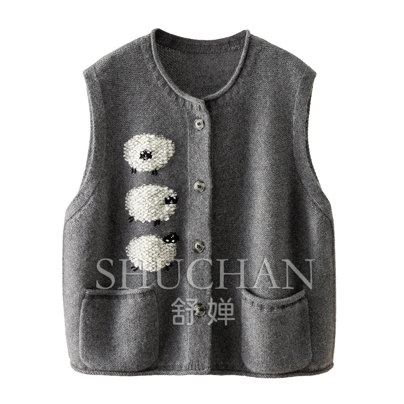 

Embroidered 100 Cashmere Crew Neck Sweater Vest Cardigan Women Knit Sweater Vest Sleeveless Vintage Sweater