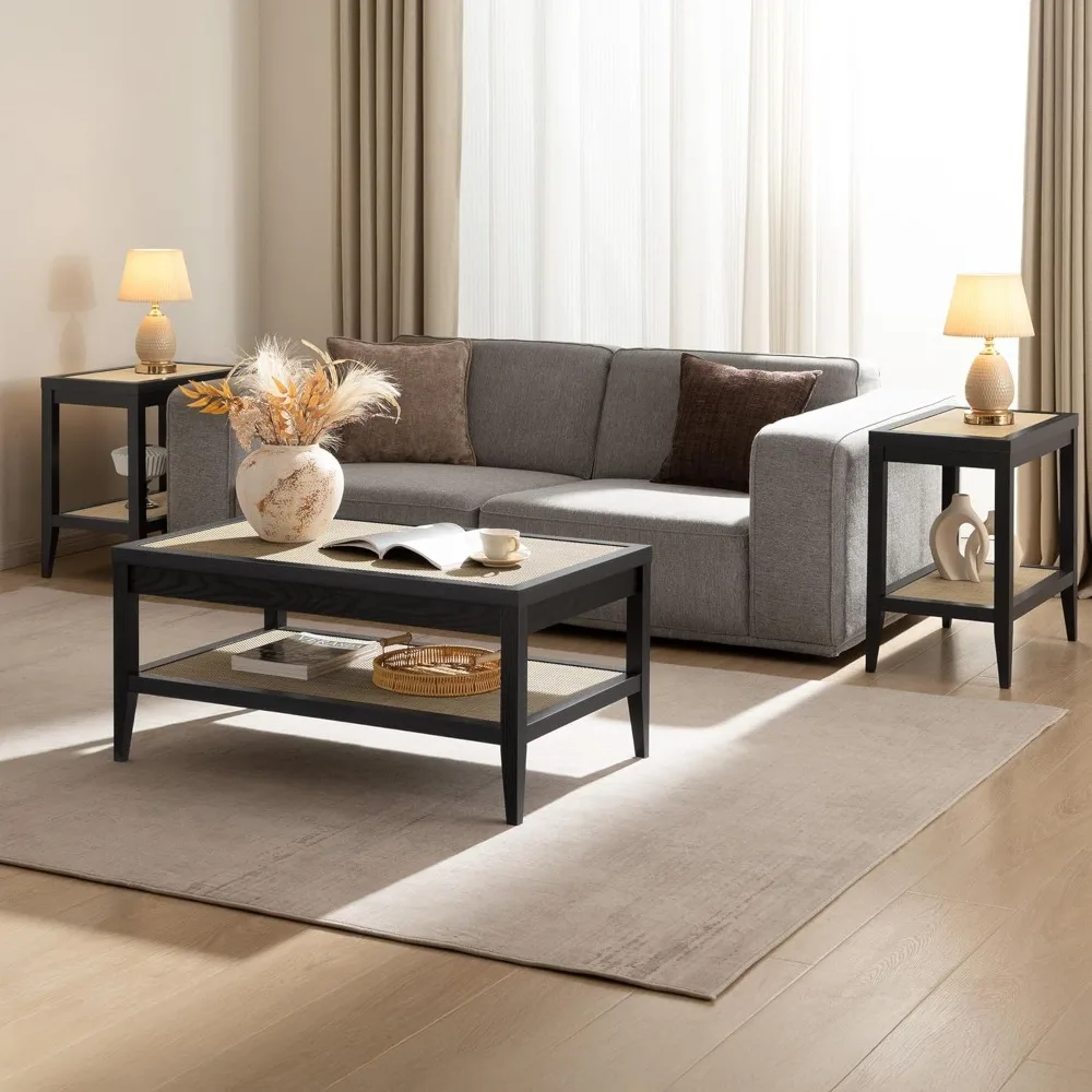 Mesa de centro retangular para sala de estar, mesa central boho de fazenda com prateleiras de armazenamento de vime de 2 camadas, mesa lateral de sofá