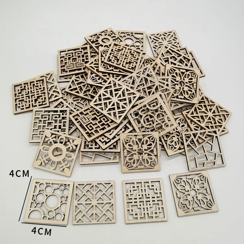 20pcs Laser Cut Wood Embellishment Hollow Out Square Flower Shape Wood Discs Unfinished Wood Cutout for Arts Crafts DIY Decor