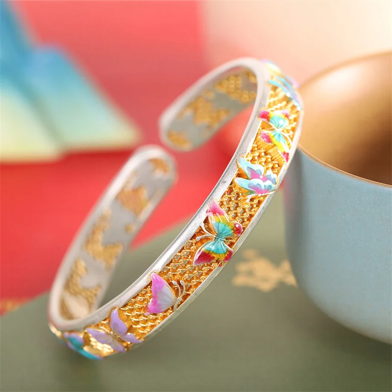 S999 Sterling Silver Charms Bracelets for Women Enamel Butterfly Argentum Wires Trace a Dedign In Gold Bangle Jewelry Wholesale