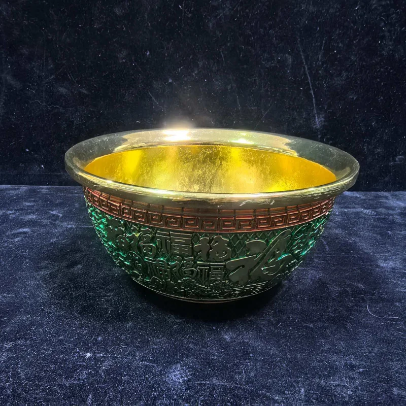 Antique-Style Hand-Painted Hundred Blessings Gold Bowl Chinese Style Ornament Metal Craft Office Wealth-Attracting