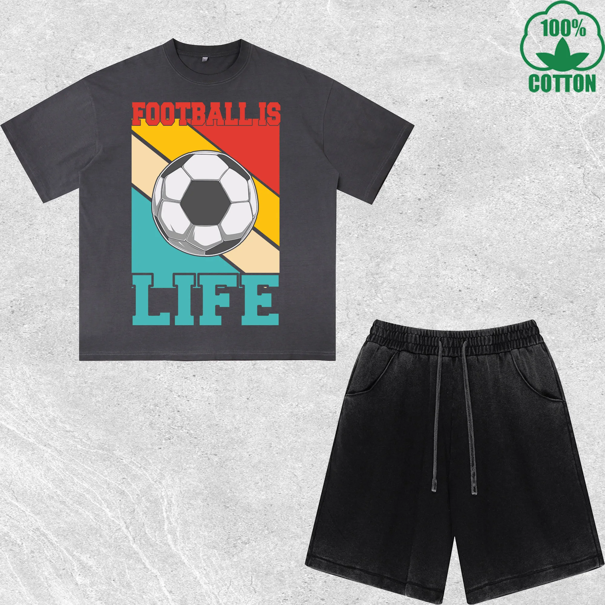 

Footbll Is Life Printed Dirty Wash T-Shirt Shorts Set Combo Loose Trendy Fashionable 100%Cotton Black Suit