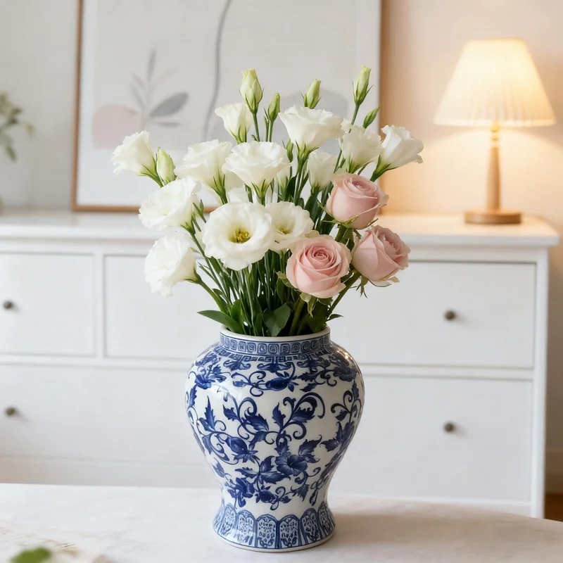 

Blue and White Porcelain Flower Vase Traditional Chinese Floral Printed Ceramic Plant Pot Living Room Table Home Decor Items