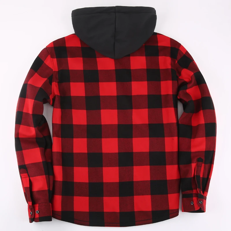 Red Black Hooded Plaid Western Cowboy Winter Shirt Jacket for Men Fleece Linend Flannel Casual Warm Checkered Shirt Male Chemise