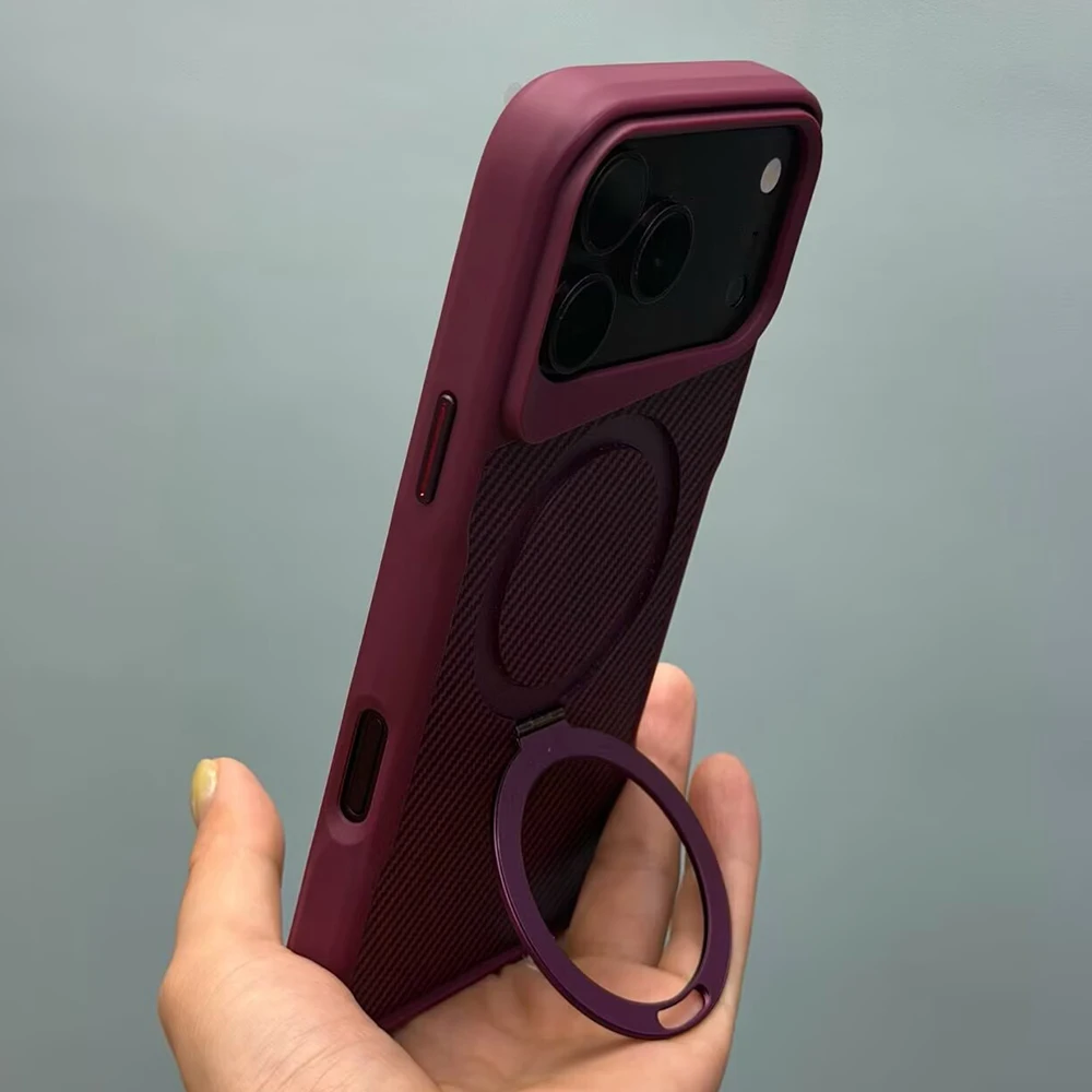 Metalowy uchwyt w kolorze ciemnej wiśni, obudowa na telefon z włókna węglowego i magnesem, kompatybilna z iPhone 18, 17, 16, 15, 14, 13 Pro Max, umożliwiająca ładowanie MagSafe, twarda obudowa. — zdjęcie produktu 2