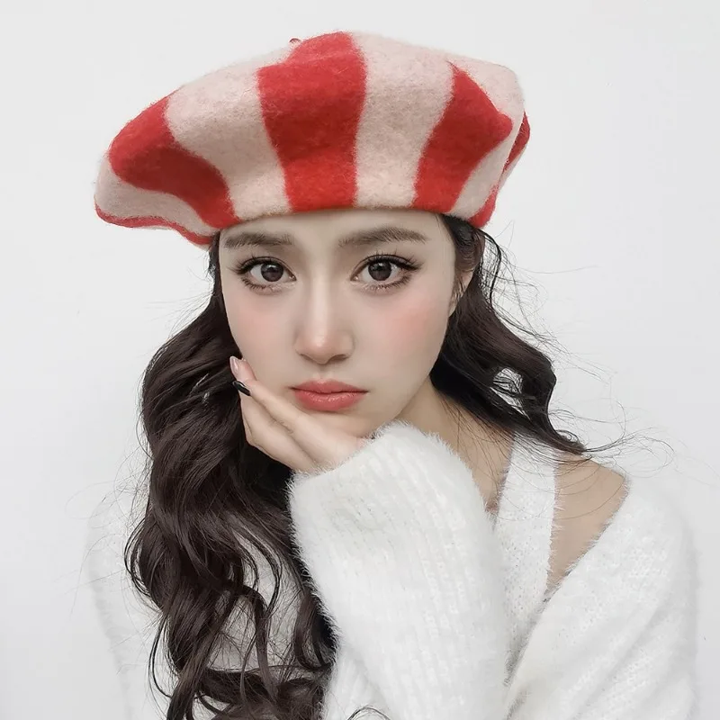 Y2k Kids Wool Stereo Beret Parent-child Rainbow Stripe Candy Color Painter Hat Women's Color-block Mushroom Hat