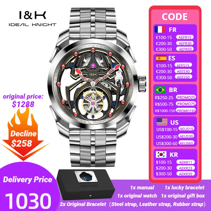 

Ideal Knight Automatic Mechanical Watch for Men Hollow out Spider Design Flywheel Movement Sapphire Mirror Men's Watches