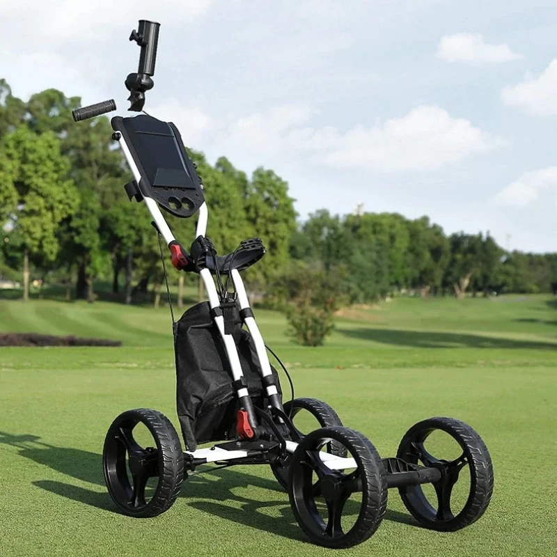 PGM Foldable Golf Bag Cart Four Wheels Aluminium Alloy Trolley with Umbrella Holder Bottle Cage Fixing Rope Manual Brake QC005
