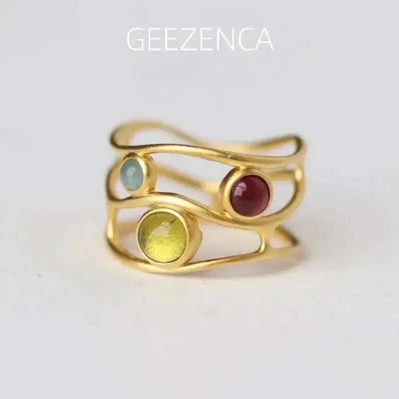 GEEZENCA 925 Silver Natural Aquamarine Garnet Peridot Ring For Women Original Design Architecture Creative Unique Rings 2023 New