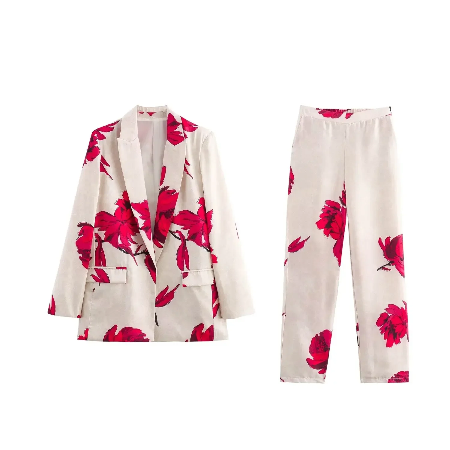 

Women's 2024 New Fashion Flip Decoration Loose Casual Satin Printed Suit Coat Retro Long Sleeve Women's Coat Unique Top