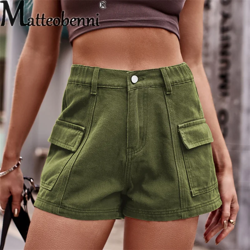 2023 New Solid Color Street Trend Female Overalls Fashion Summer Casual Splicing Pocket Denim Shorts Women's Three Quarter Pants