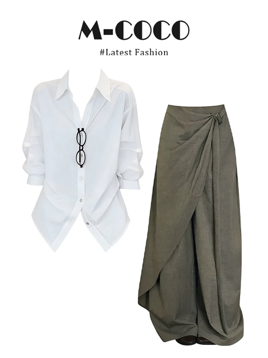 Parkyeon White Casual Loose Women's Shirt And Pants Set Turn-down Collar Gathered Waist Long Sleeve Summer Fashion Outfit