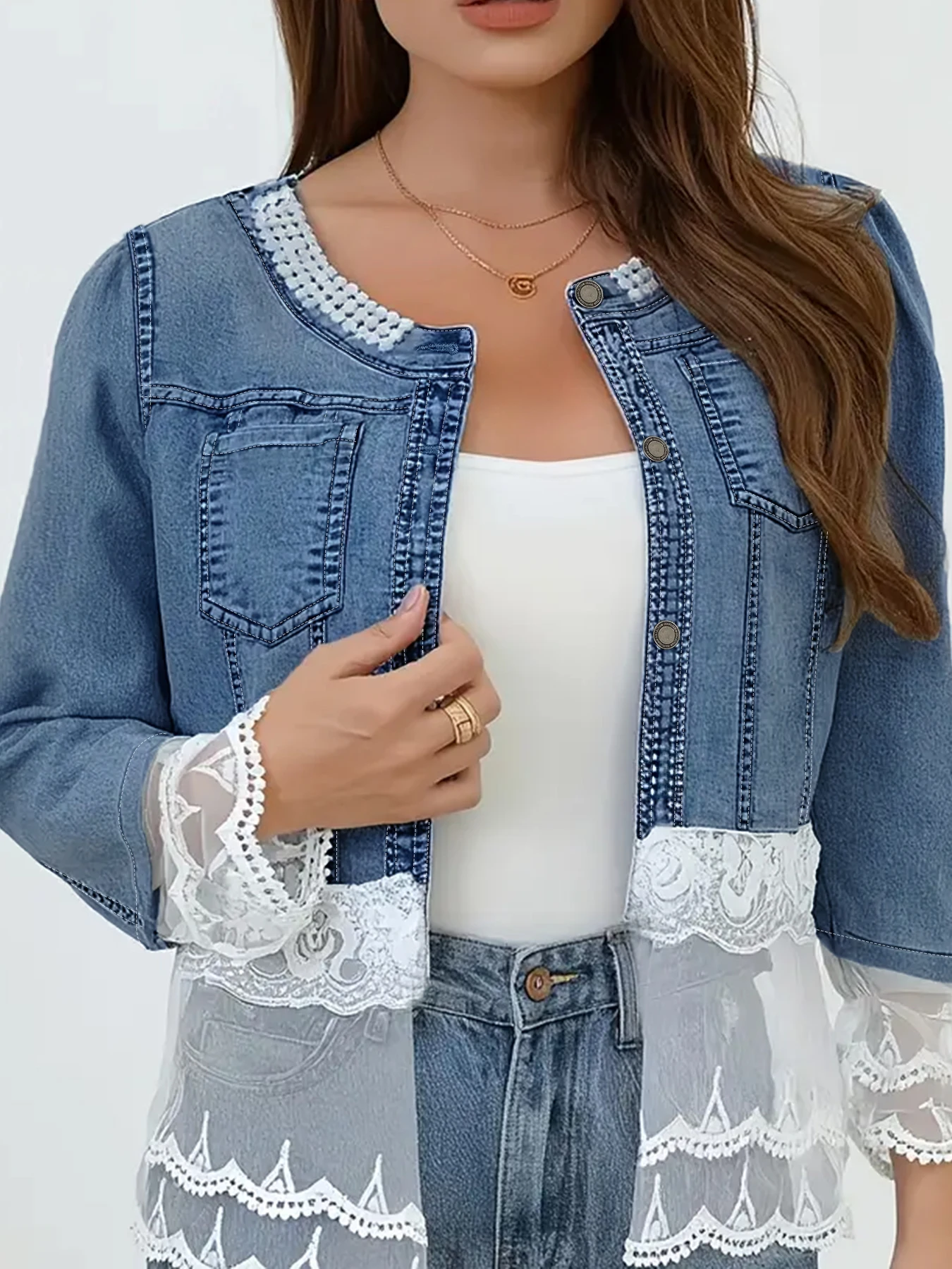 Veste en jean courte grande taille pour femme, Design en dentelle perlée, élégante, confortable, surdimensionnée