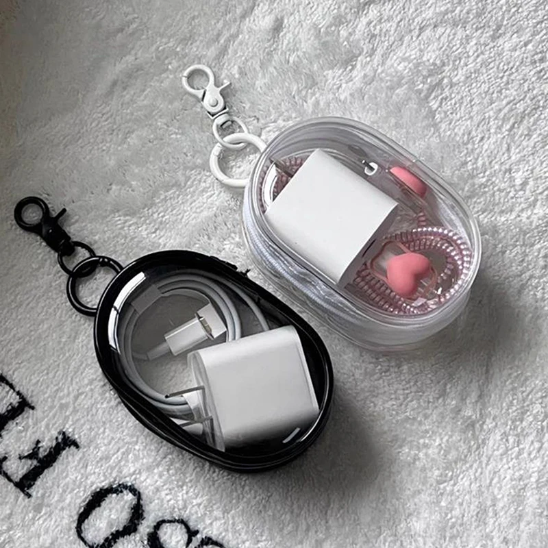 

Portable Mini Clear Zipper Storage Bag - Space-Saving Organizer for Earphones & Chargers, Versatile with Handy Keychain Loop