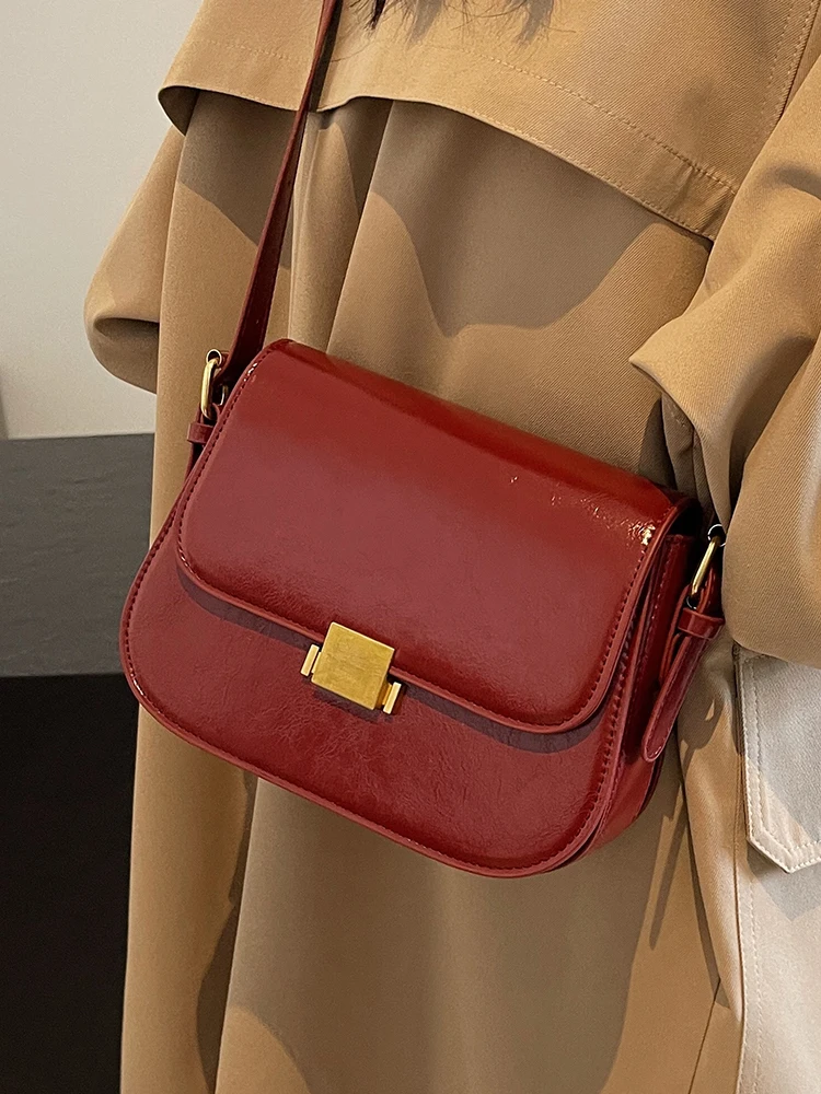 Vintage Burgundy Shoulder Bags for Women Autumn Winter PU Leather Flap Small Square Bag Lady Fashion Handbags