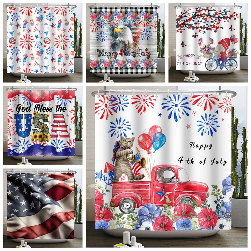 

4th of July Shower Curtain Patriotic Memorial Day Independence Day American Flag Gnome Waterproof Bathroom Curtain With Hooks