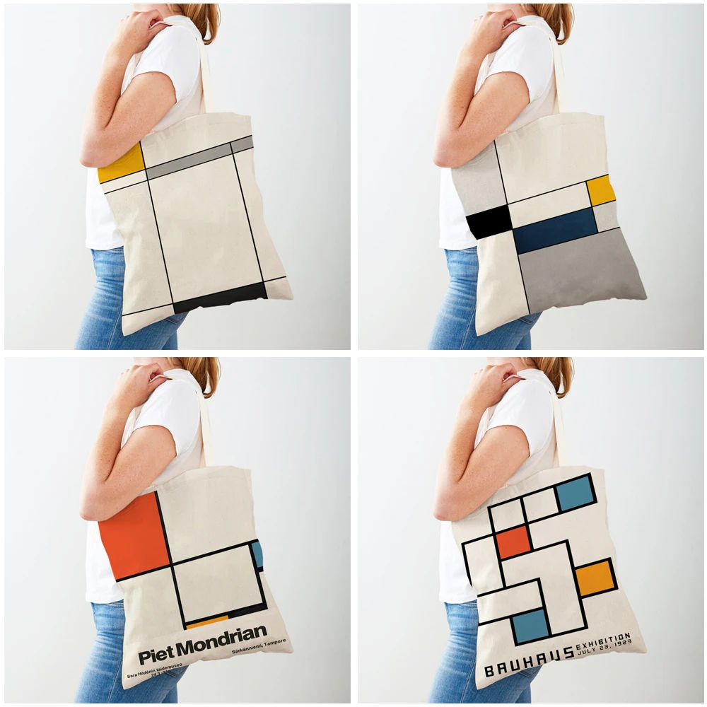 Piet Mondrian linea geometrica Color Block doppia stampa Shopping Bag donna Shopper borse Lady Canvas Tote borsa da viaggio riutilizzabile
