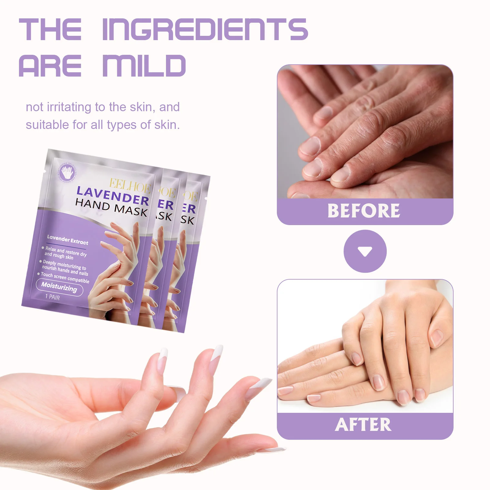 EELHOE Moisturizing Hand Mask Hydrating & Nourishing Gloves for Dry Skin Softening Lavender Hand Care with Niacinamide Reusable