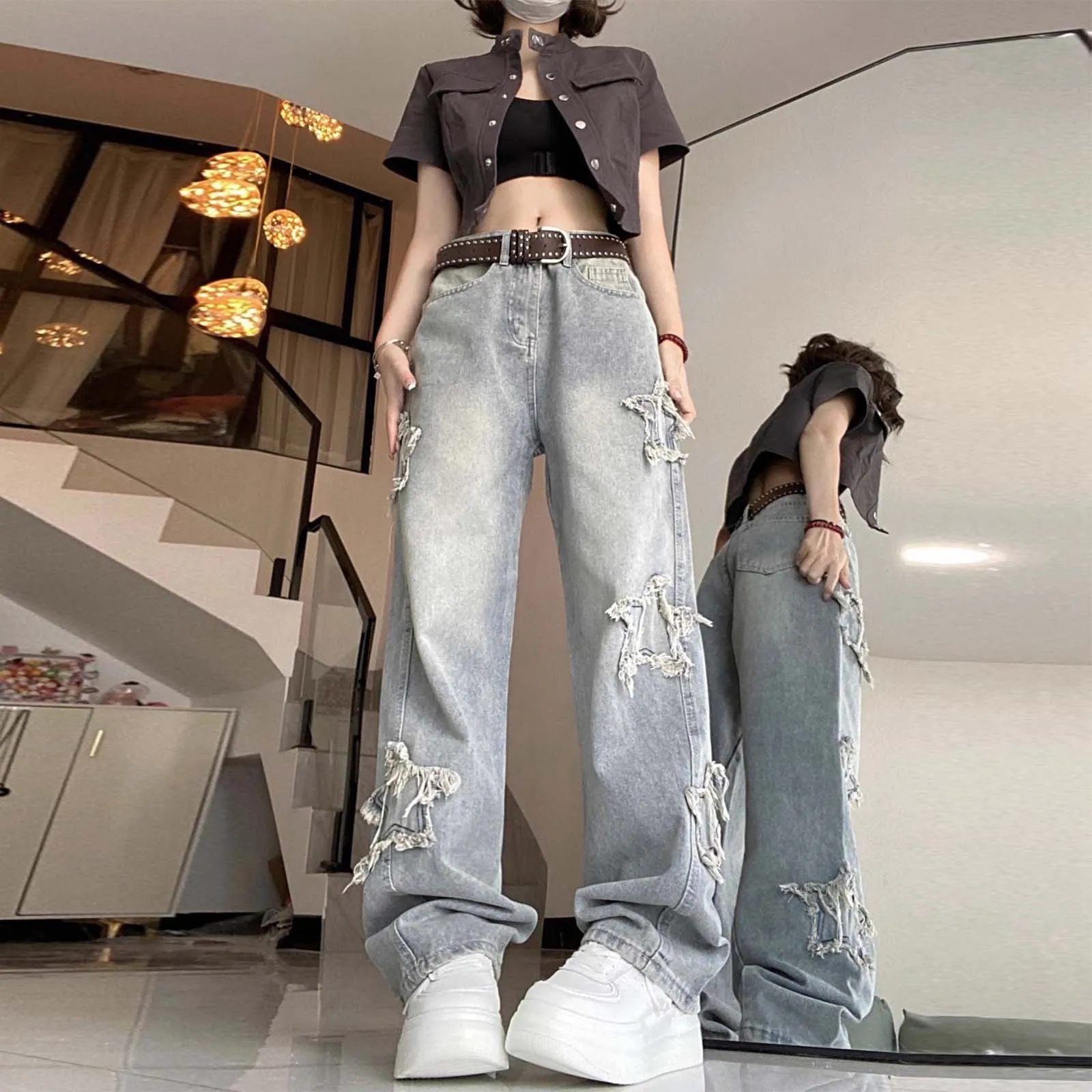 American High-Waisted Skinny Women'S Jeans Stars Printed Raw Edge Embroidery Straight Leg Wide-Leg Pants Casual Loose Jeans