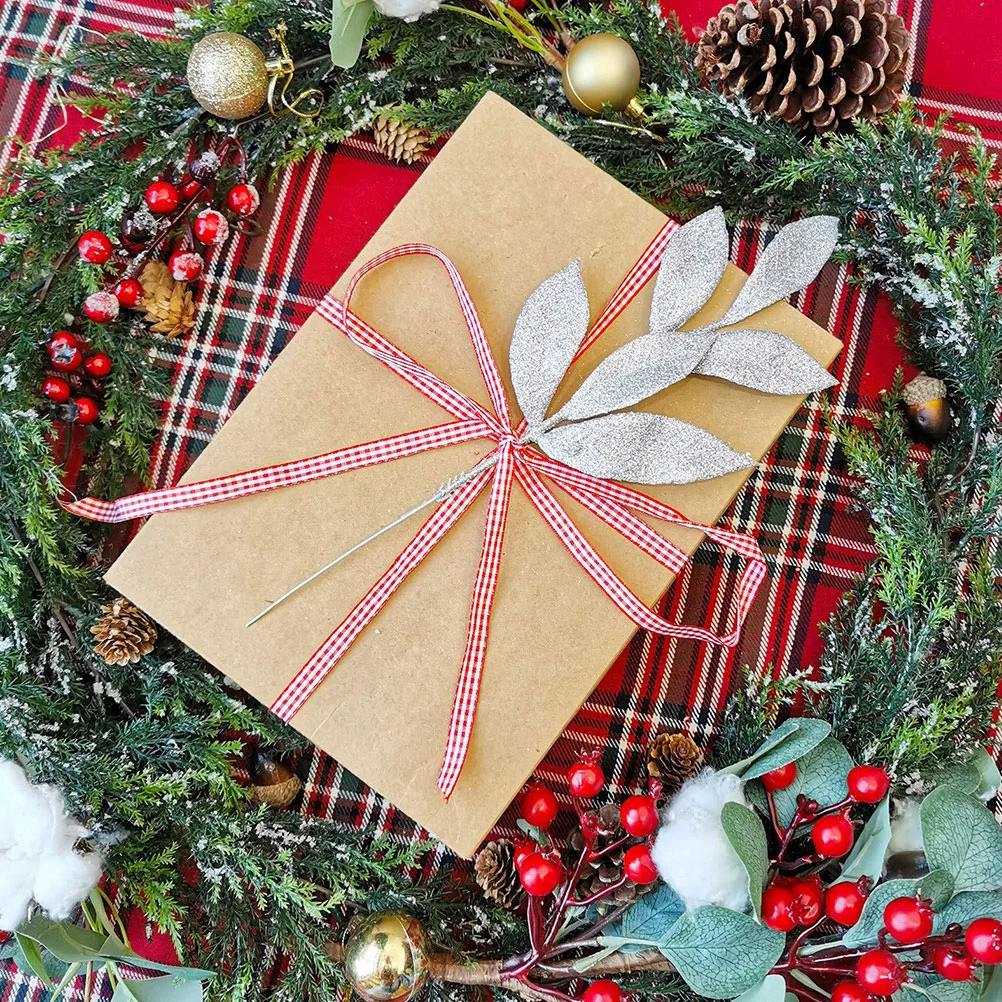 10 Uds. De guirnaldas de árbol de hojas doradas y rosas de Navidad, decoración de 10 Uds. (plateadas) de hojas para jarrón, decoraciones navideñas con purpurina de plástico para exteriores
