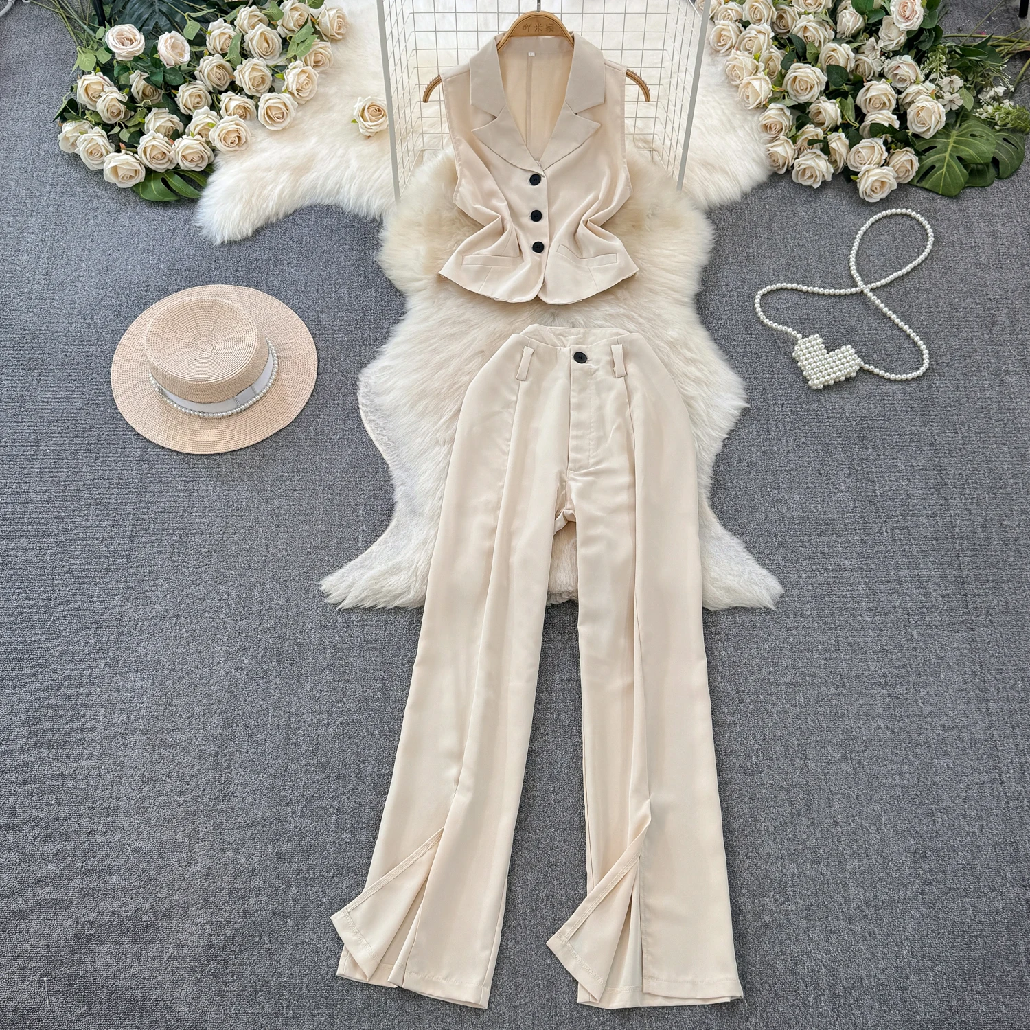 

Fashion Two Piece Wide Leg Pants Set For Women's Summer Work Office Lady Top Casual High Waisted Straight Wide Leg Pant
