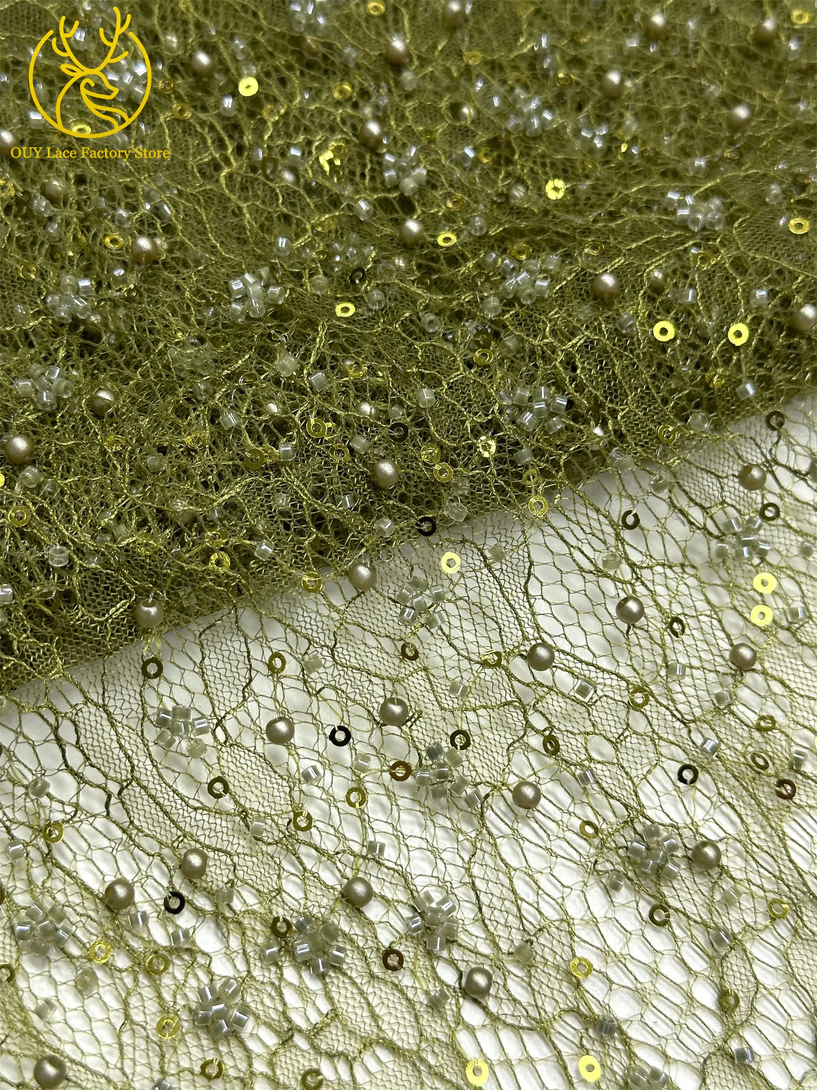 Kaffeebraune französische Tüllspitze mit Pailletten, 5 Yards, hochwertige afrikanische Spitze, nigerianischer Perlenstickerei-Spitzenstoff zum Nähen von Damen-Abendkleidern – Detail 26