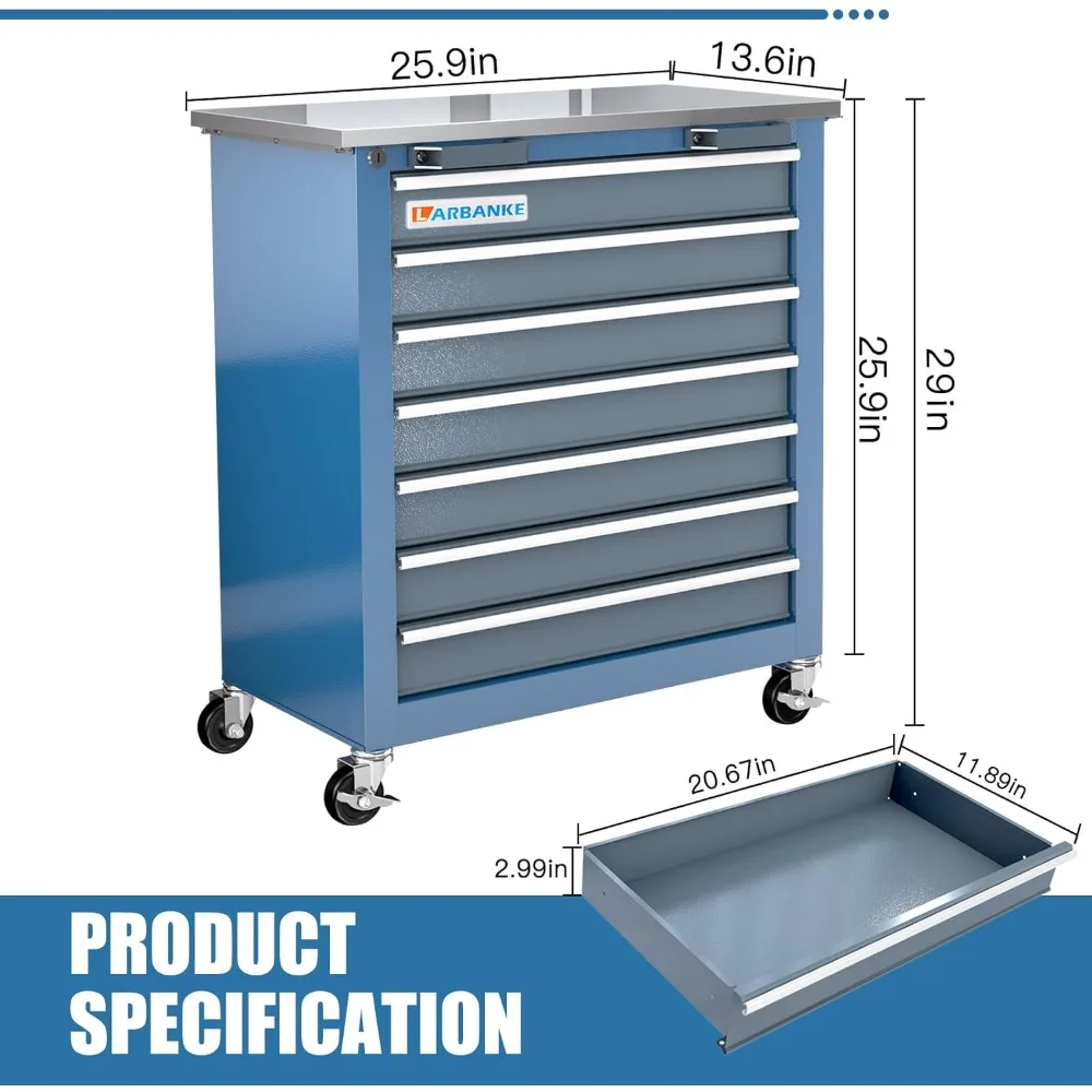 Portable 7-Drawer Steel Tool Storage Cabinet with Lockable System and Swivel Wheels