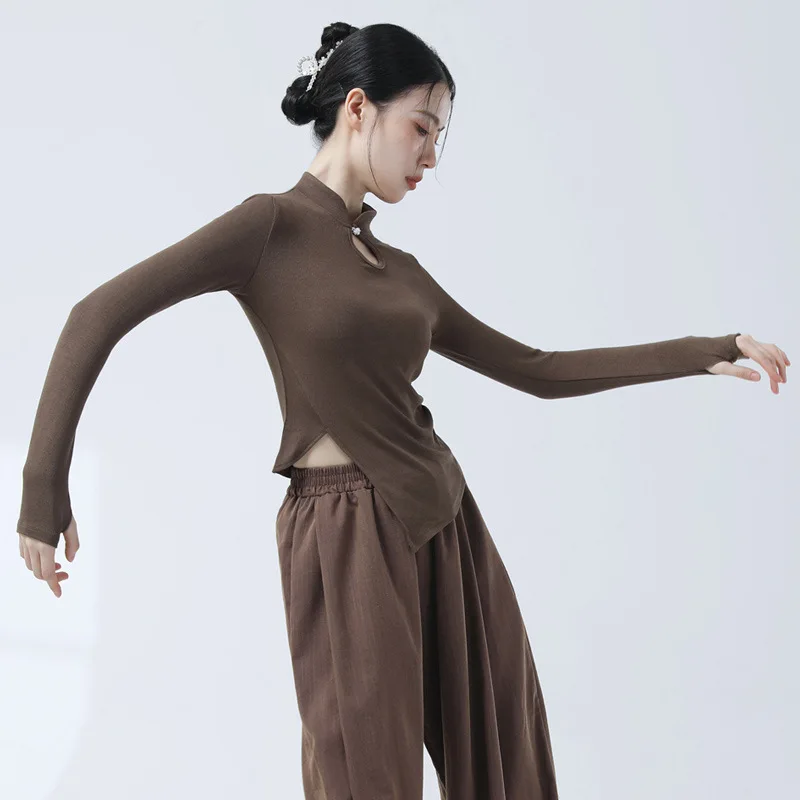 Ubrania do tańca dla dorosłych damskie z długimi rękawami, kołnierzem cheongsam, najlepsze ubrania do ćwiczeń chiński klasyczny taniec ludowy