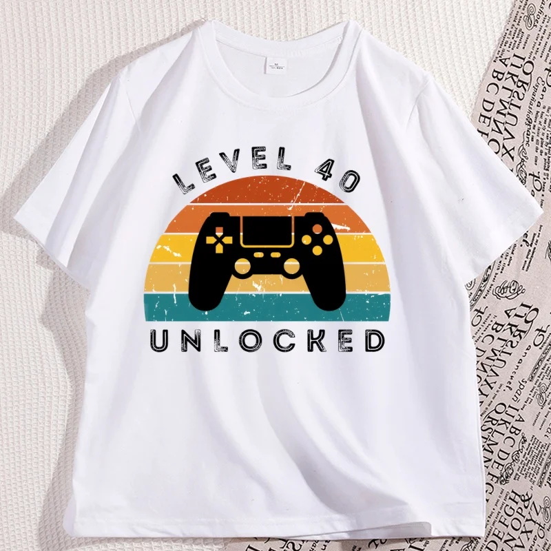 

Level 40 Unlocked 40th Birthday T-shirt Men Women Vintage Short Sleeve 40th Years Tshirt Loose Round Neck Tees