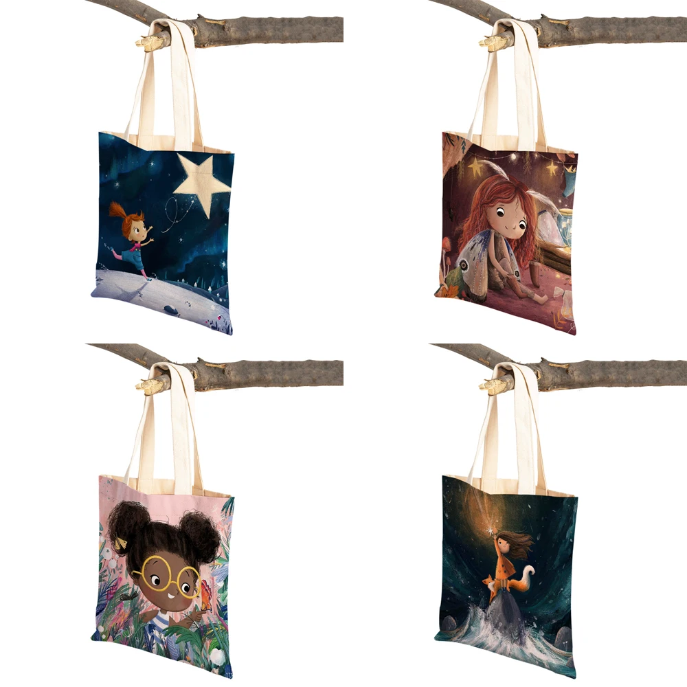 Fairy Tale World Lovely Child Gift Casual Shopping Bag Cute Cartoon Girl Double Printed Reusable Canvas Student Tote Handbag