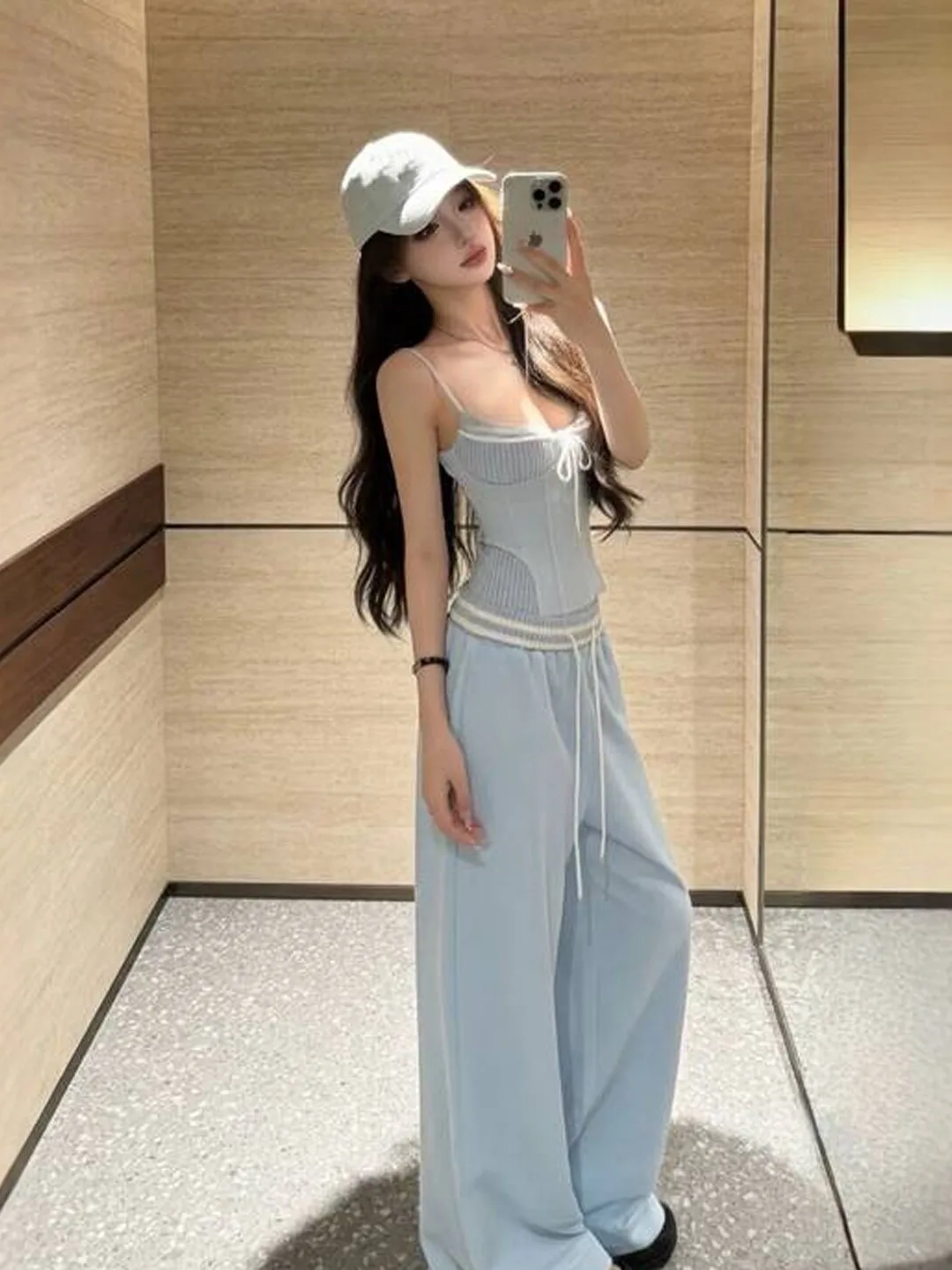 

Sexy Hot Girl Casual Wide Leg Pants Set Unique Super Beautiful Two Piece Summer New Style Comfortable Cotton Blend High Waist