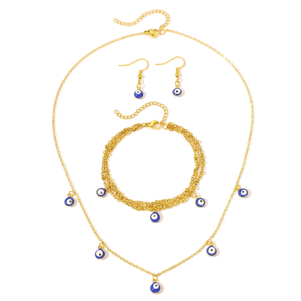 Stainless Steel Jewelry Set Fashion Hanging Small Eyes Earrings Bracelets Necklaces 3 Piece Jewelry Set For Women Jewelry Gifts