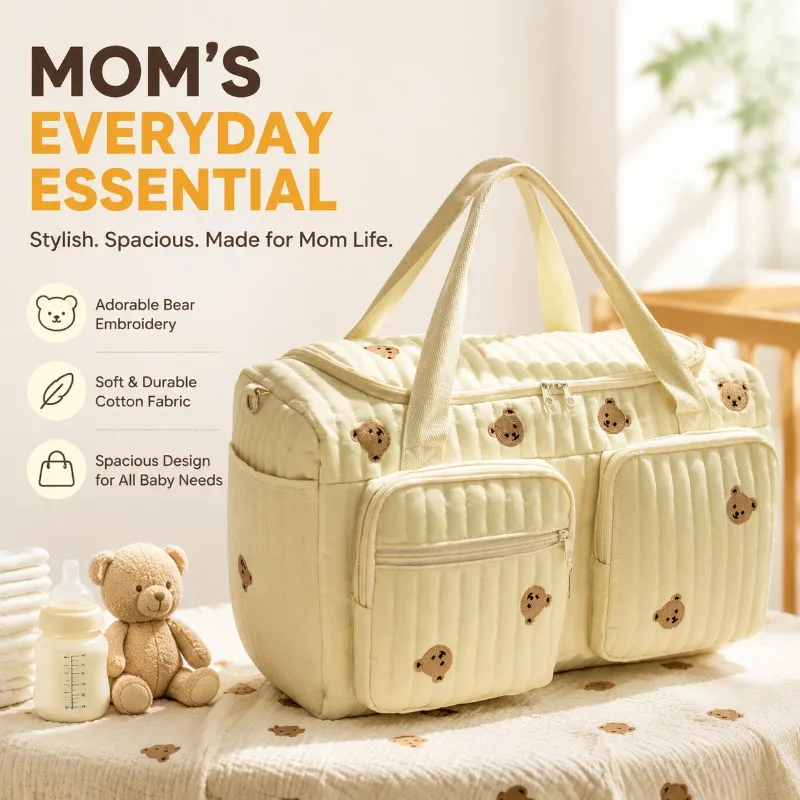 Baby-Wickeltasche mit Niedlicher Bären- und Blumenstickerei, Beige Baumwollstoff Reißverschluss-Handtasche für Mütter, Neue Gepäcktasche
