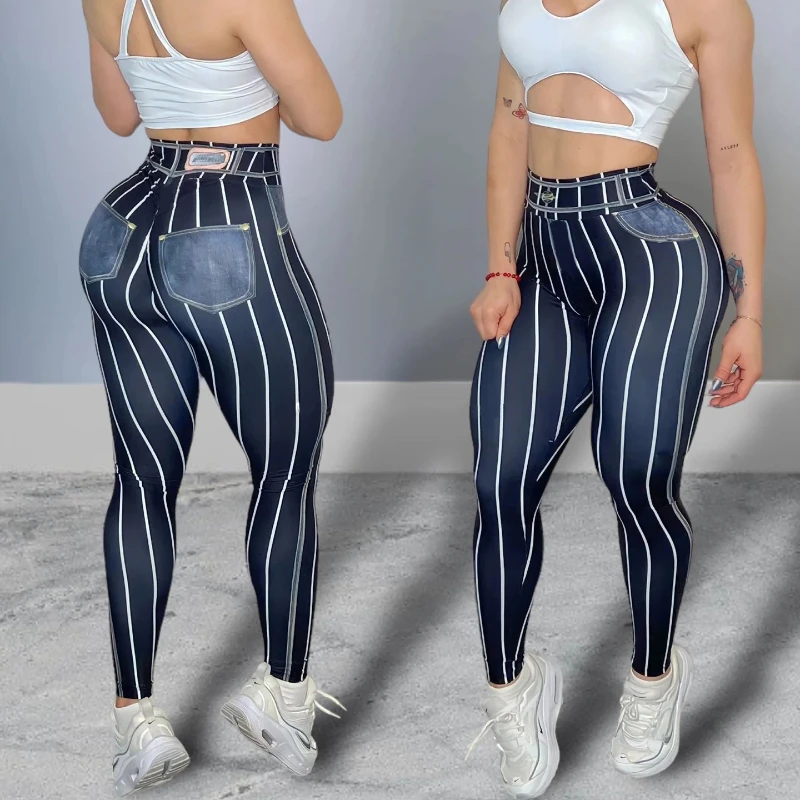 Hot selling imitation denim line printed yoga pants with high waist, sexy and trendy sports and fitness pants for women