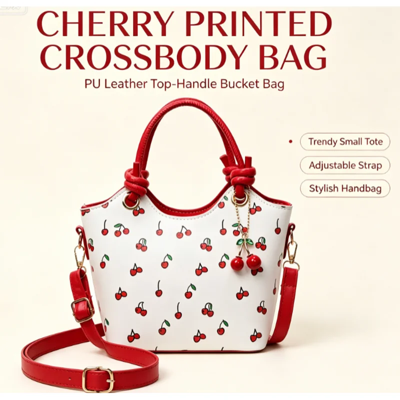 PU Leather Bucket Cherry Printed Crossbody Bag for Women Trendy Top-handle Bag Stylish Small Tote Handbag with Adjustable Strap