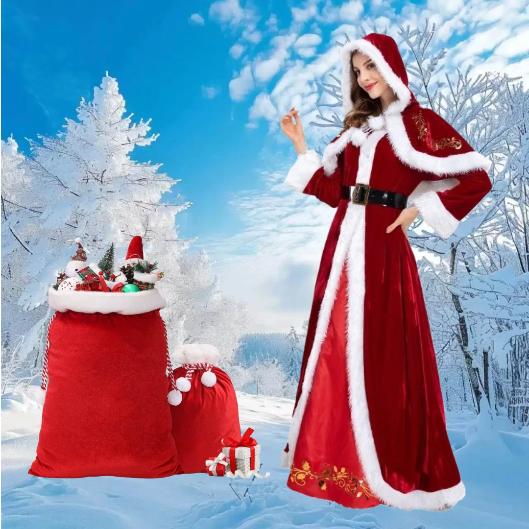 

Deluxe Classic Mrs. Claus Cosplay Costume Christmas Santa Claus Red Dress Bag Suit for Women Xmas Carnival Party Roleplay Outfit