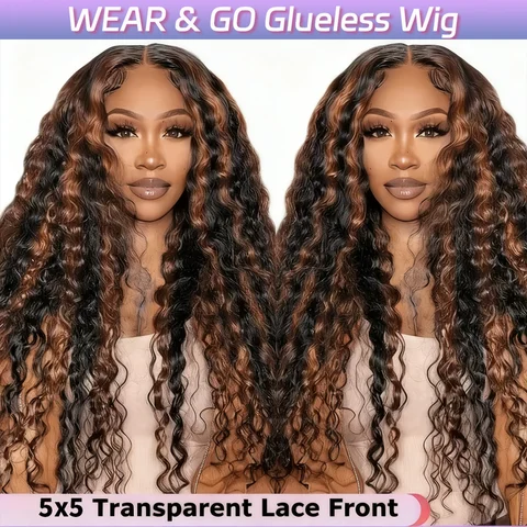 Peluca de cabello humano sin pegamento 1B/30 Ombre marrón prearrancado precortado onda rizada profunda 5x5 HD peluca Frontal de encaje con pelo de bebé para mujeres