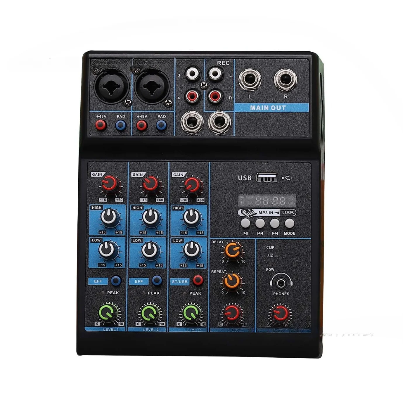 4-way mixing console, home computer, stage mixer, small USB with sound card, special effects, Bluetooth DJ mixer