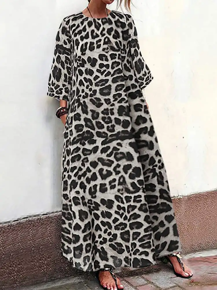 Celmia Bohemian Maxi Dress Casual Loose Long Vestido Vintage Leopard Print Sundress Fashion O Neck 3/4 Sleeve Party Robe Femme