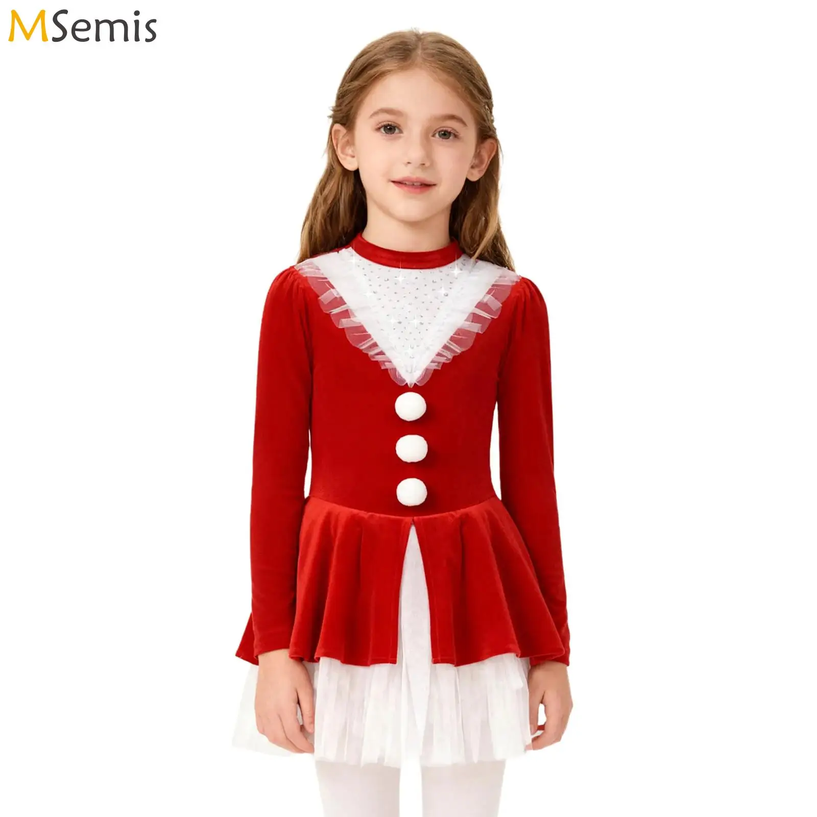キッズガールズベルベットクリスマスサンタクロースコスチュームクリスマスホリデーファンシーパーティーチュチュドレス体操レオタードポンポンスケートダンスウェア