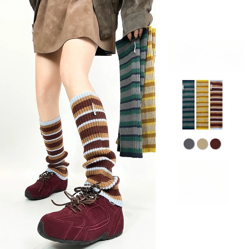 1 Pair Autumn Winter Multi-color Striped Knitted Fashion Warm Sock High Women Calf Warmer Long Leg Warmers Stockings Hosiery