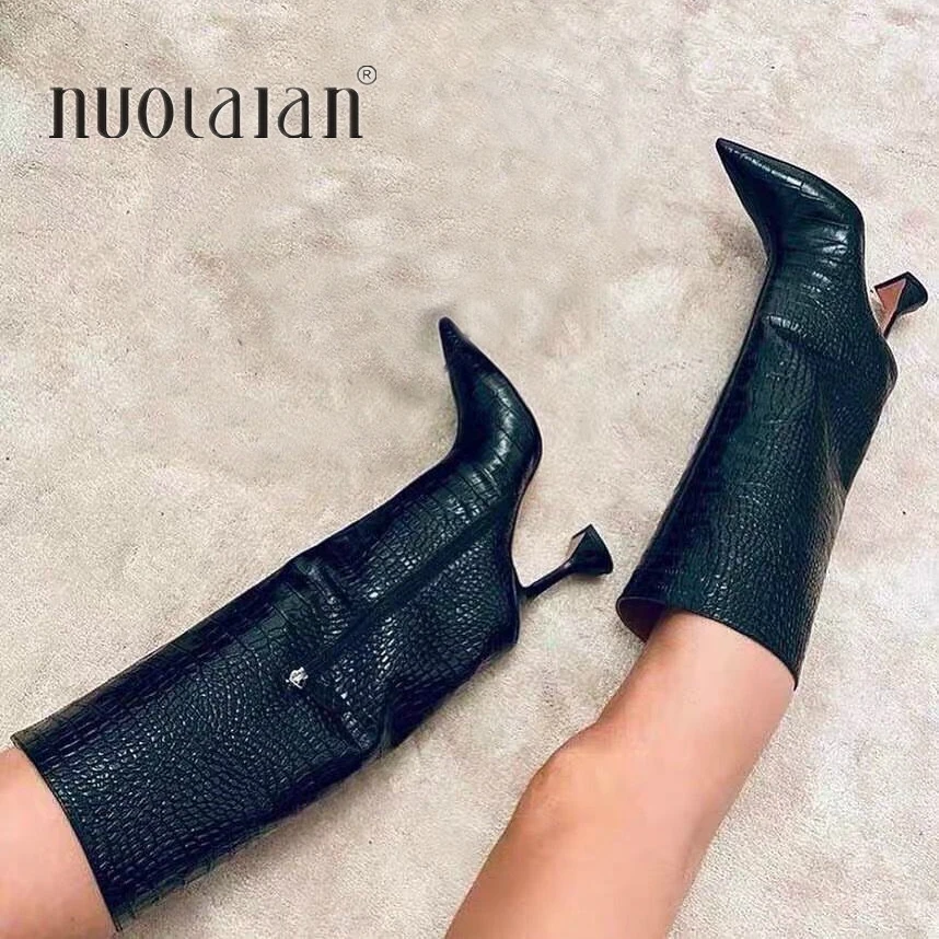 Nowe zimowe damskie buty do kolan Sexy kobiety Pointed Toe damskie buty na cienkich wysokich obcasach buty damskie kobieta obuwie Plus rozmiar 35-42