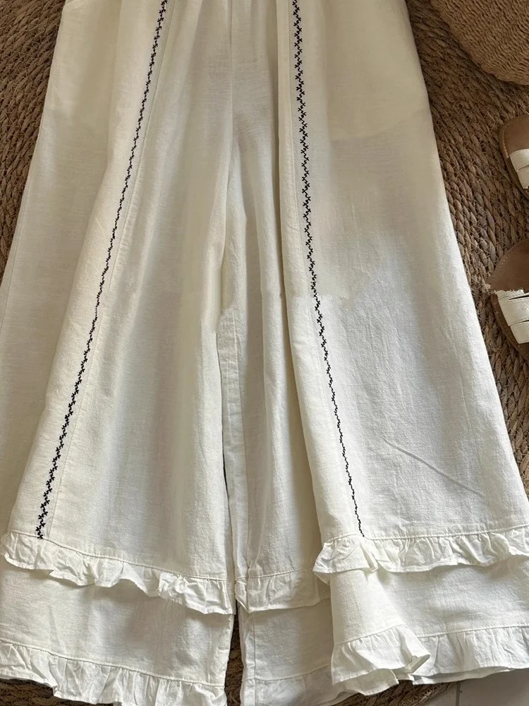 Ele geborduurde hoge taille wijde pijpen broek zomer casual broek met houten gesplitste comfortabele losse pasvorm rokbroek