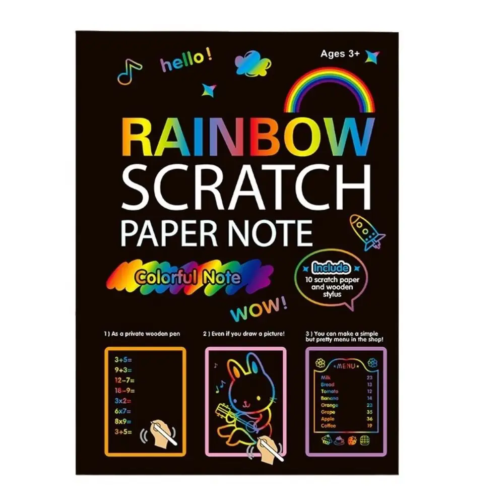 Creativo con bolígrafo de madera, libro para rascar arcoíris, papel de dibujo colorido sin olor, nota de papel naotérica segura y brillante para niños