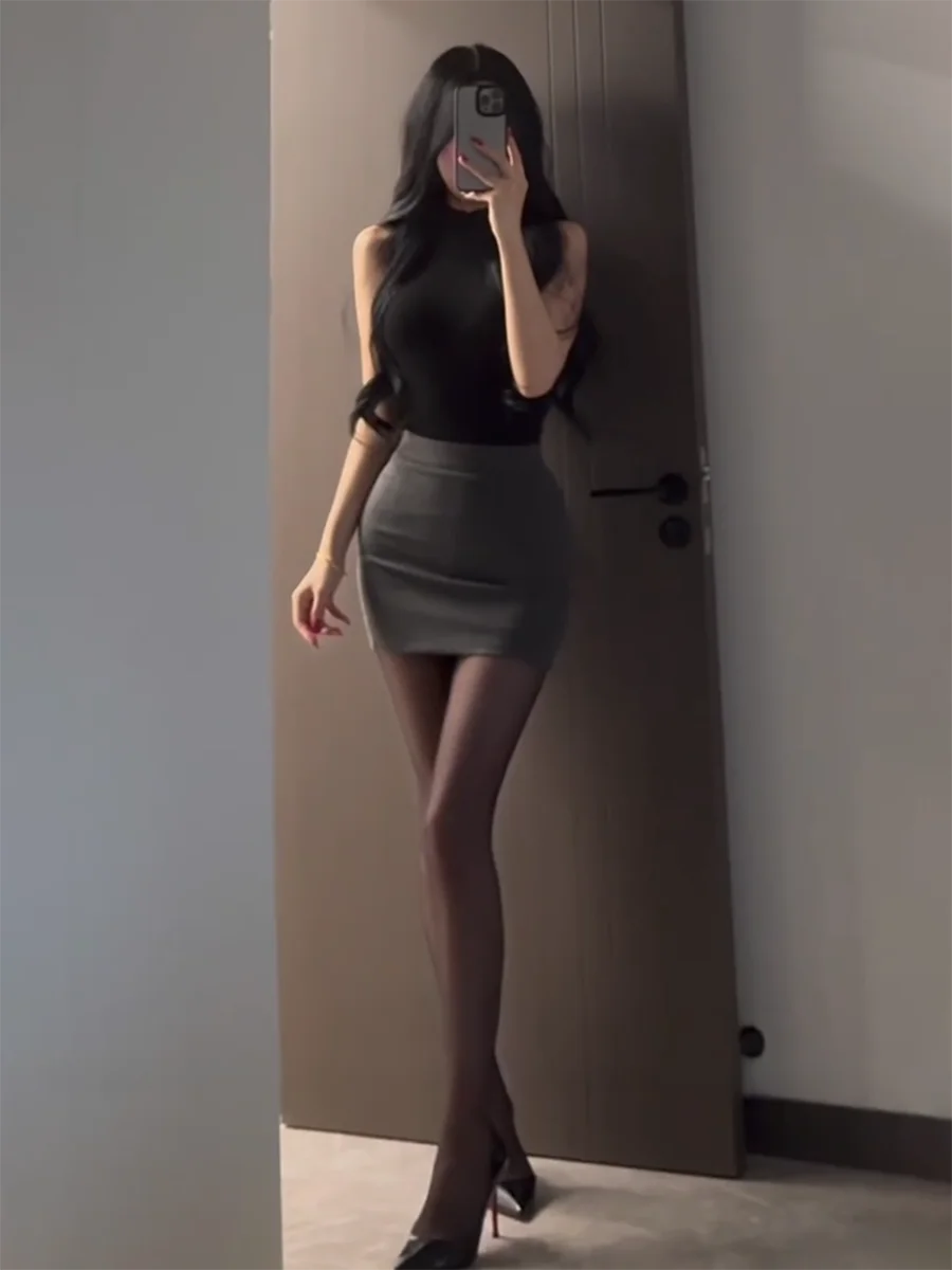 Business Style High Waist A-Line  Skirt Women's Slim Fit Elastic Short Skirt Commute Professional Wind Cotton Material