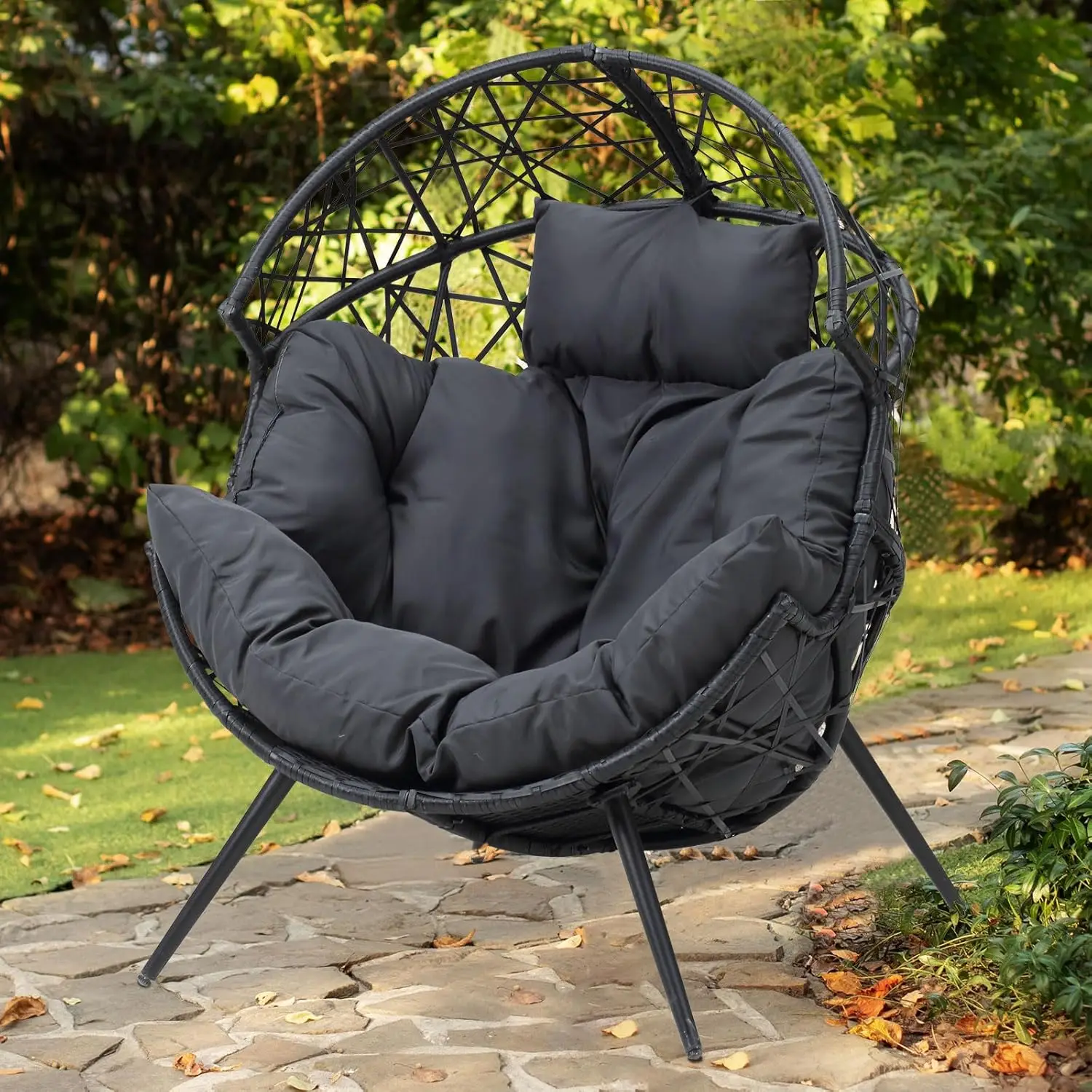 Outdoor Patio Egg Chair Indoor Wicker Egg Chair Basket Lounger Chair with Cushion and Stand for Living Room Patio Backyard