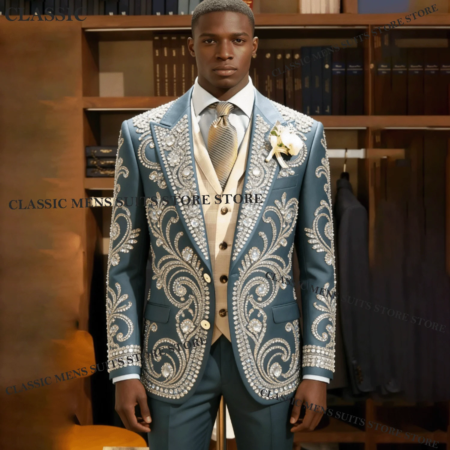 

Customized Diamond Rhinestone For Men Suit Handmade Sequins 3 Pieces Groom Male Blazers Ropa hombre Glitter Slim Evening Tuxedos