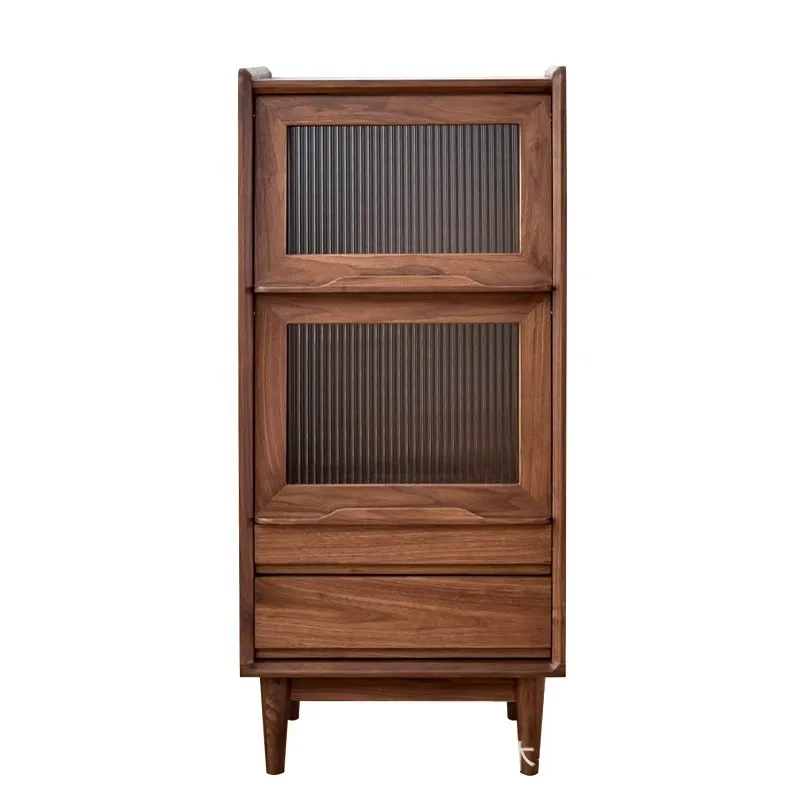

North American black walnut solid wood bookcase Nordic flap door TV side cabinet dining side cabinet with glass locker sofa side